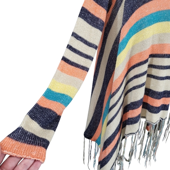 Reba Multicolor Striped Fringe Cardigan Sweater Boho Open Front Knit Small - Picture 3 of 12
